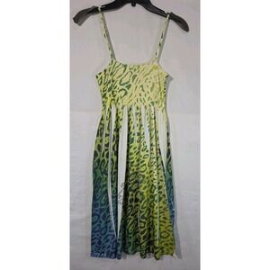 Ocean Blue Leopard Print Sundress Womens XL Green Blue Smocked Rhinestone Midi